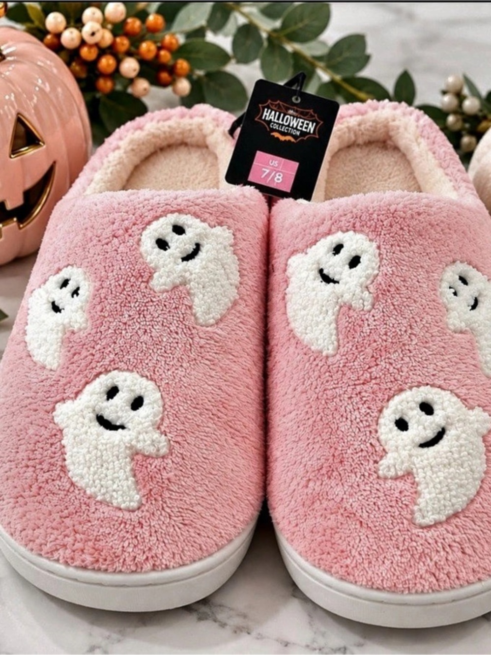 Halloween Ladies Novelty Slippers Ghost Slippers Pink US 7/8 NWT